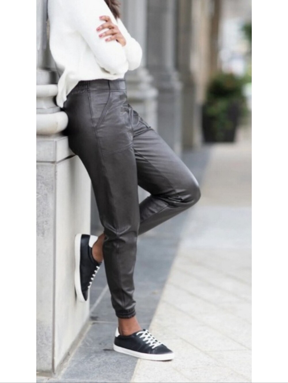 Spanx Leather Like Jogger Large Black High Rise Travel Minimalist Quiet Luxury